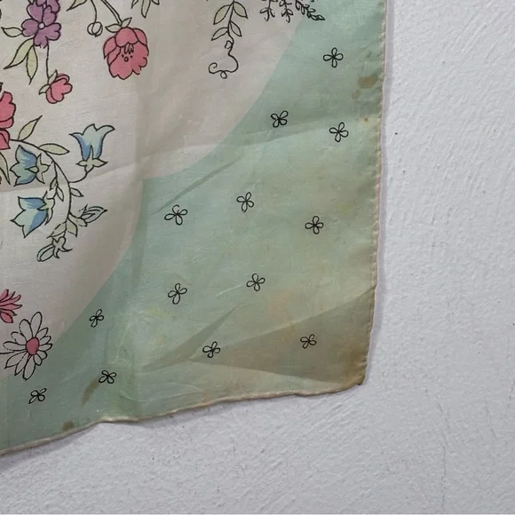 Vintage 60s square silk scarf garden floral butterflies painted hand rolled edge - Picture 14 of 16